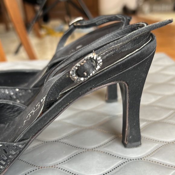 💕St. John Black Silk Satin Paillette Evening Slingbacks Rhinestone Buckles 7.5 - Picture 7 of 11